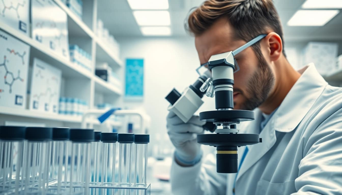 Scientist examining ion peptide structures in a professional research laboratory.