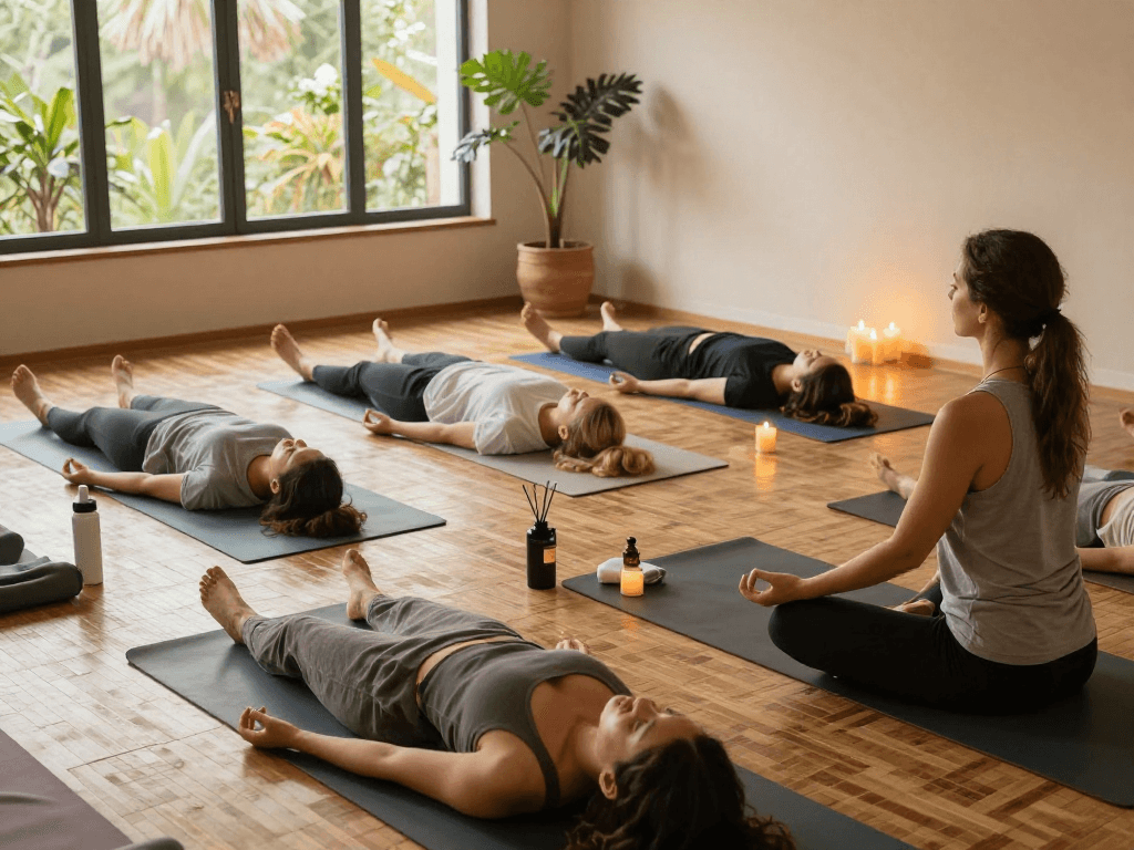 Group meditation practice promoting mantra88 in a peaceful yoga studio.