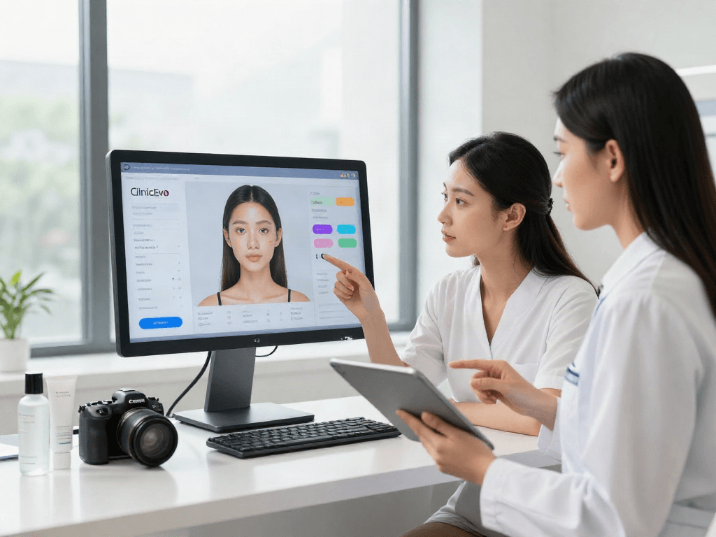 ClinicEvo better than QOVES, showcasing facial analysis technology in a modern beauty studio.