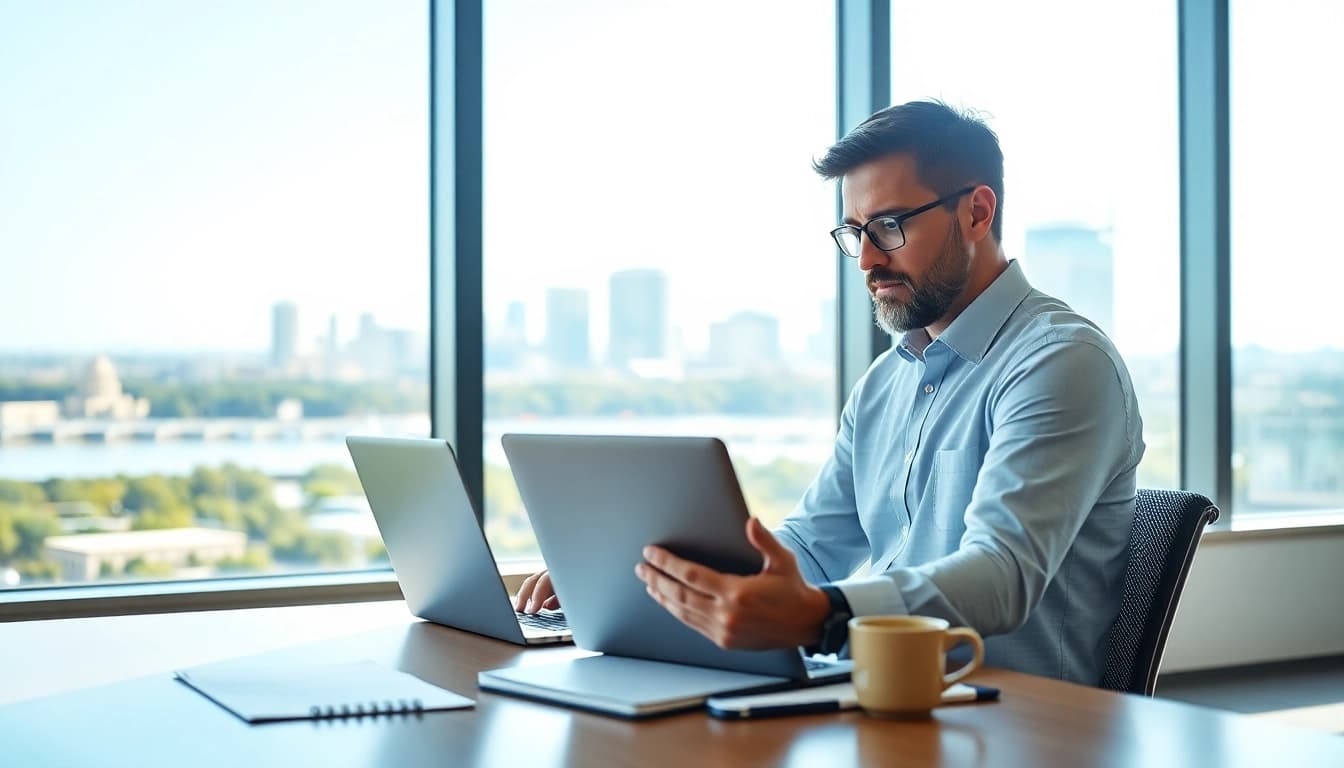 Leadership consultant Sacramento California analyzing strategies at a modern office desk.