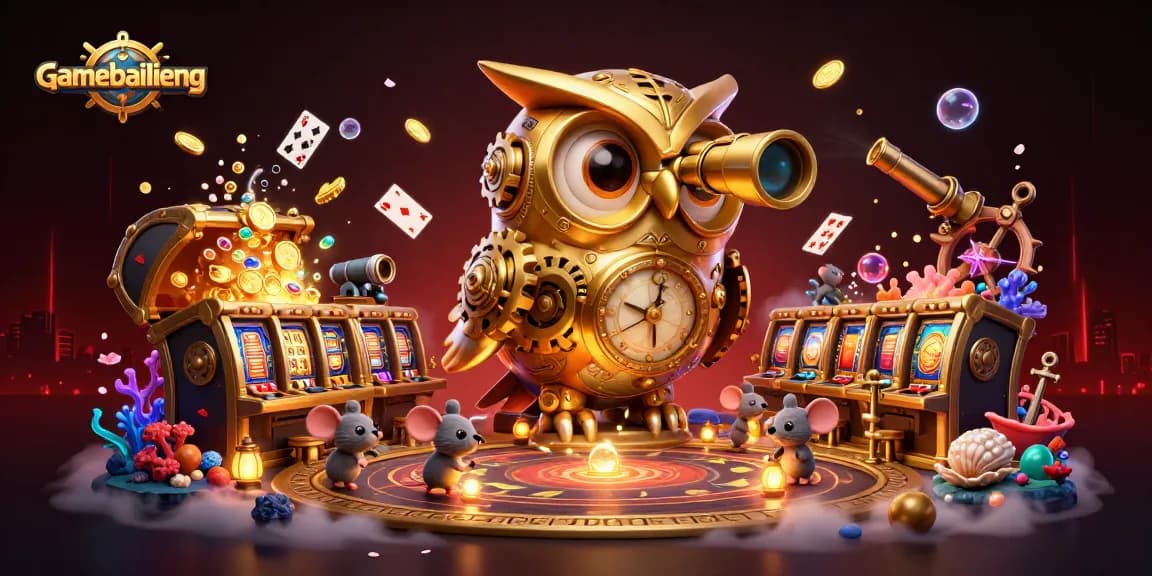 Experience strategic gameplay with gamebailieng as a golden owl surveys a bustling casino.