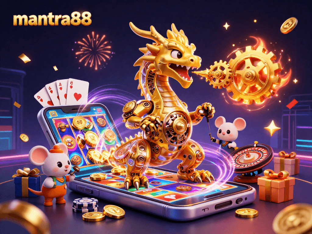 Experience mantra88 with exciting slot games alongside a golden dragon and colorful casino elements.