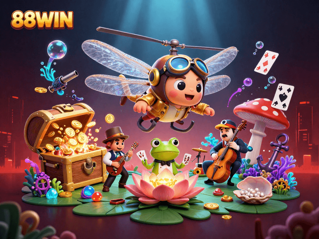 Play and win at 88WIN with a lively casino scene featuring a dragonfly pilot, frog croupier, and musicians.
