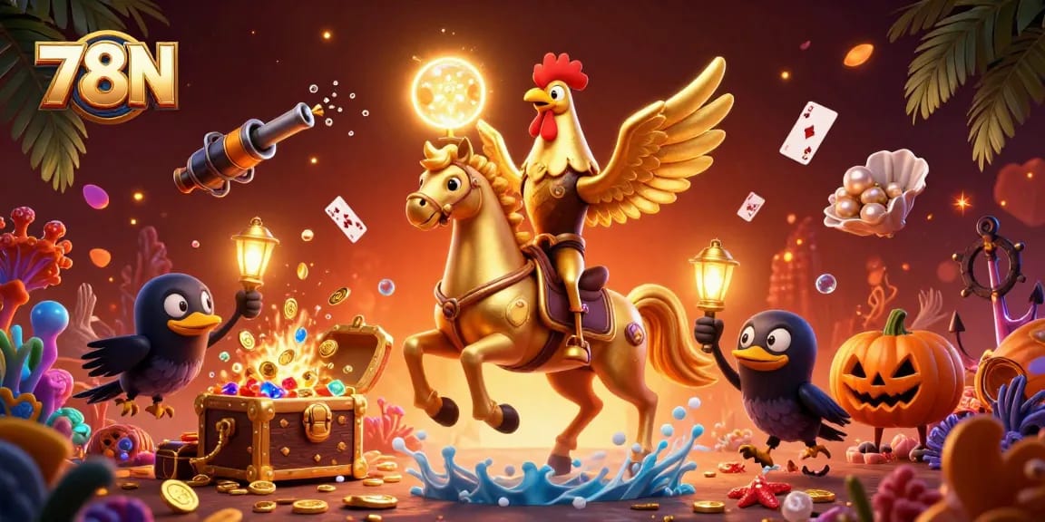 Aproveite a ação na 78N com o galo dourado e lancers iluminados no casino sombrio.