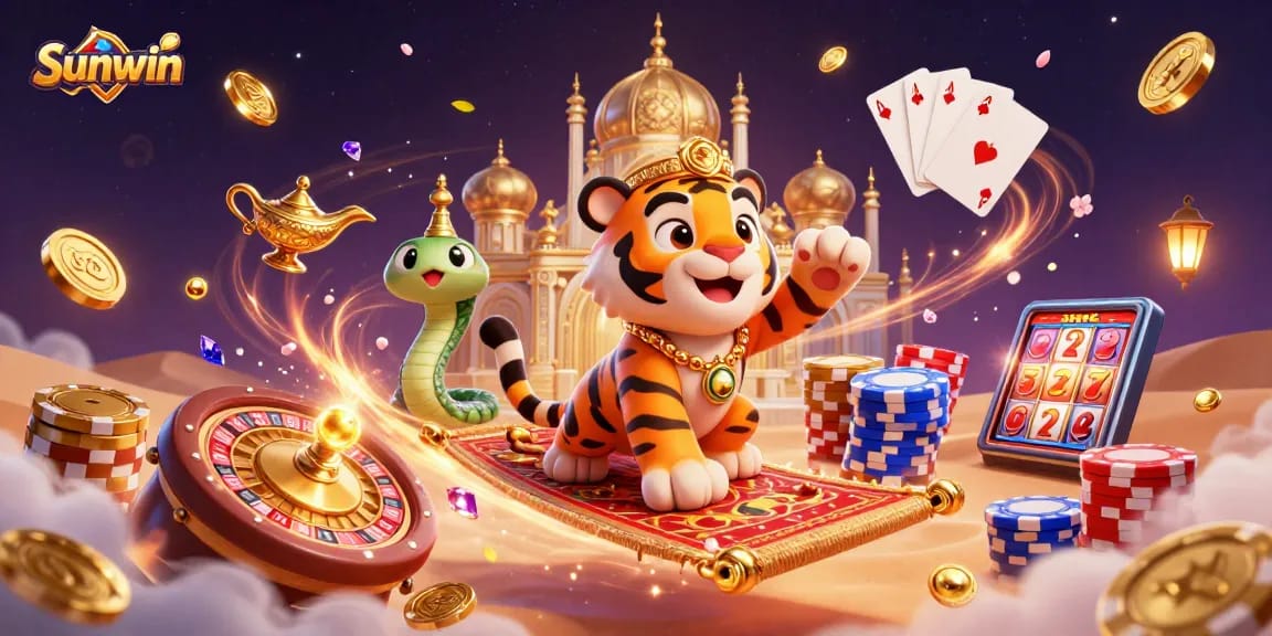 Experience the thrill of Sunwin's casino magic with a vibrant 3D illustration of a sultan and treasures.