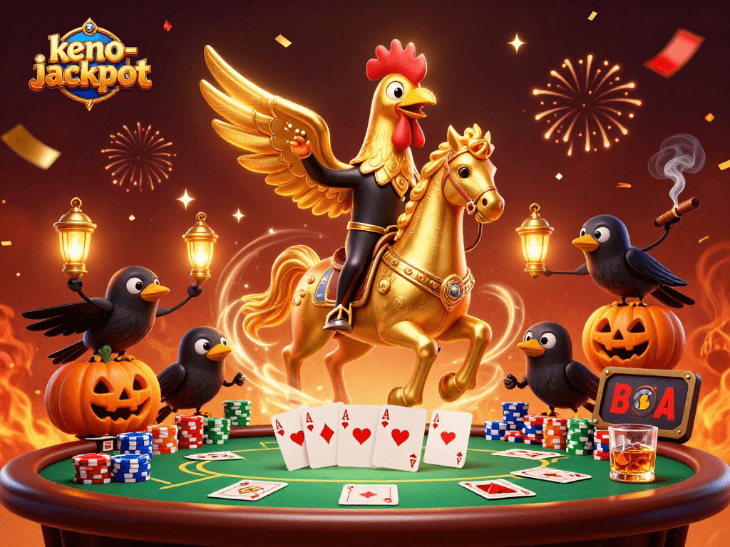 Experience thrilling keno-jackpot excitement as golden rooster and companions bring luck in a vibrant casino scene.