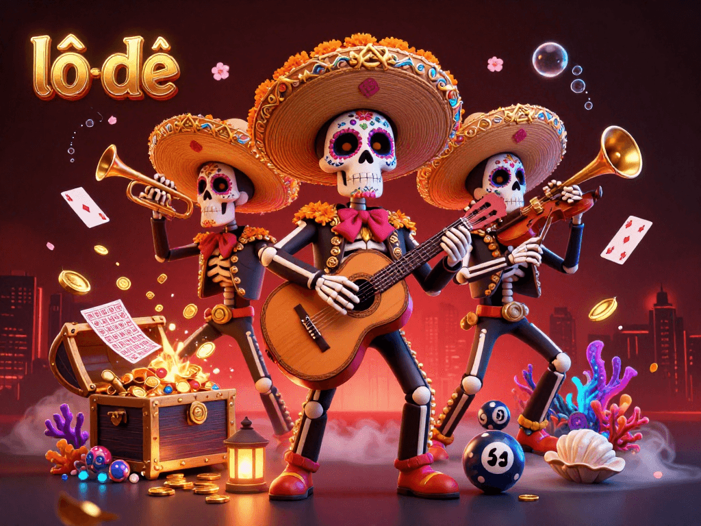 Engage with the exciting world of lô đề featuring a vibrant skeleton mariachi band surrounded by lottery games.