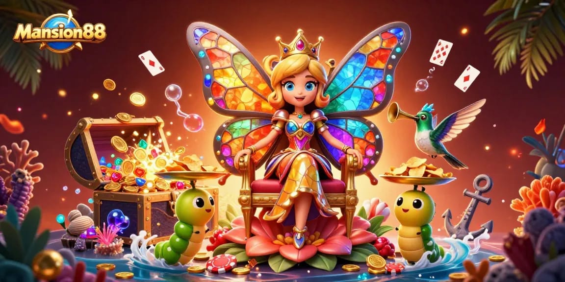 Mansion88 engages players in a vibrant casino world with a cartoon butterfly queen amidst colorful gaming elements.