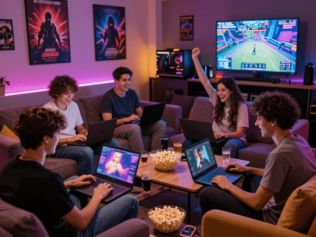 Engaging group enjoying porn games in a cozy lounge setting.