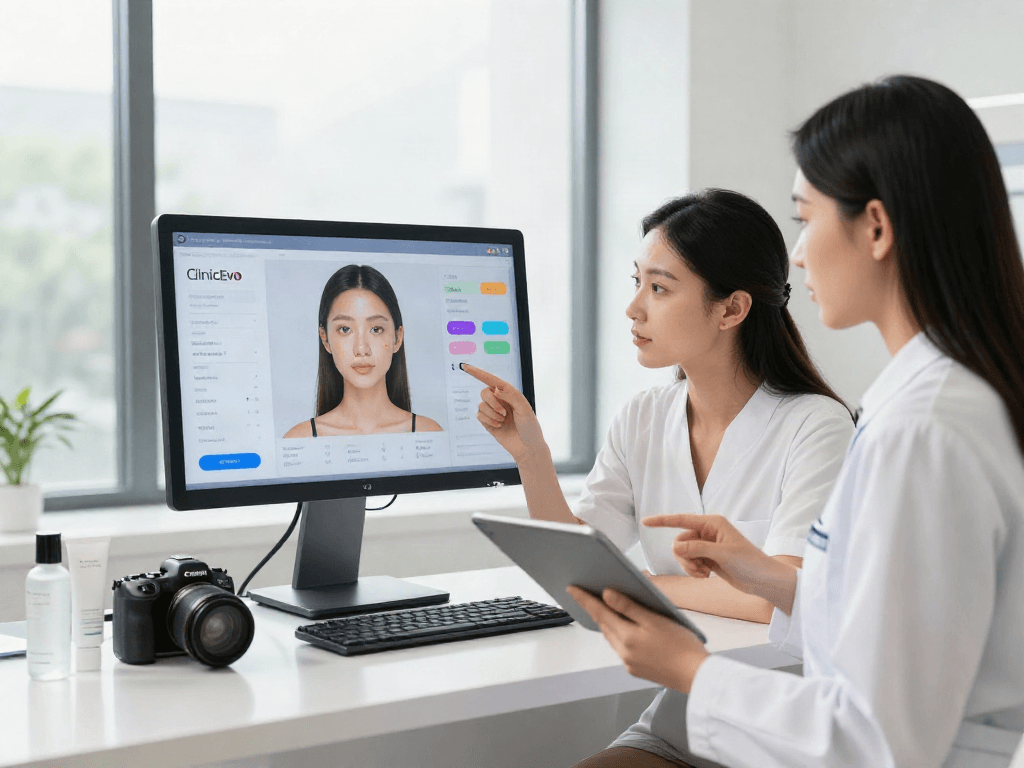 ClinicEvo better than QOVES, showcasing facial analysis technology in a modern beauty studio.