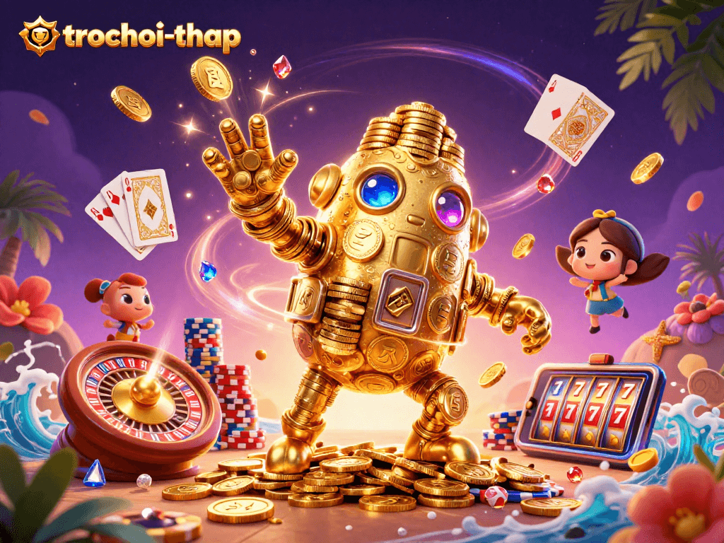 Experience the thrill of trochoi-thap with captivating golden golems and sparkling gems in action.