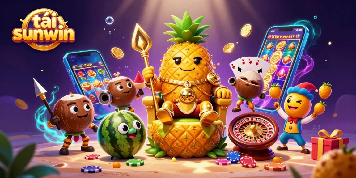 Tải sunwin in a vibrant 3D casino scene featuring a pineapple king, game elements, and a colorful atmosphere.