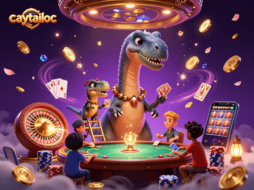Experience the excitement of caytailoc with gaming excitement, featuring a brontosaurus in a vibrant casino scene.