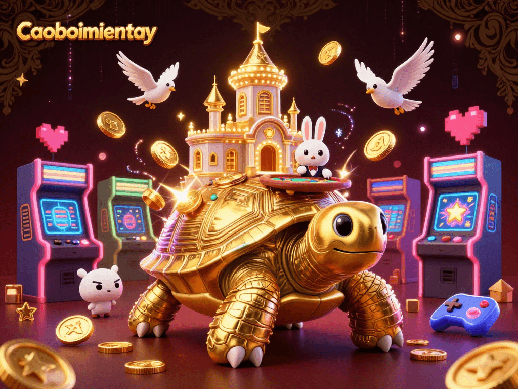 Play caoboimientay with a unique 3D cartoon world featuring golden casino elements and vibrant game symbols.