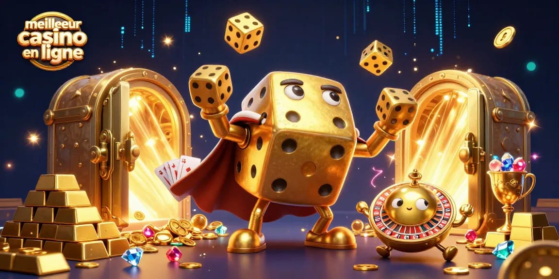 Jouez au meilleur casino en ligne entouré de richesses scintillantes et de dés animés.