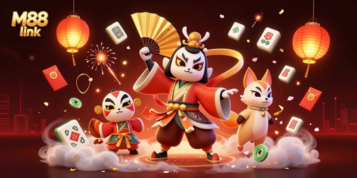 Win with the M88 link in this vibrant casino scene featuring traditional characters and game elements.