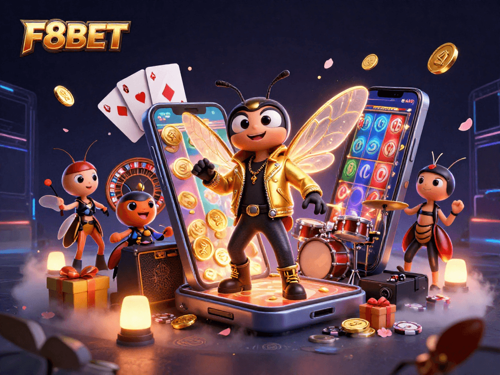 Spin to win big with F8BET as the rock star cicada leads in vibrant 3D casino celebration!