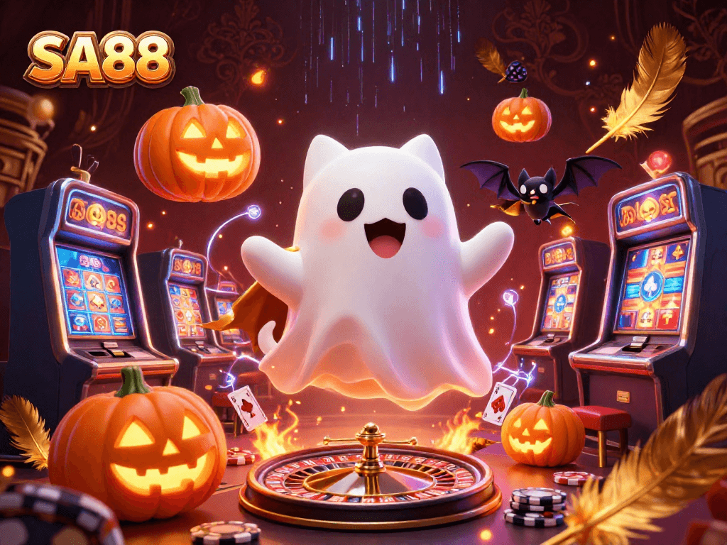 Experience thrilling gaming at SA88 with a ghost cat and vampire bat in a vibrant casino.