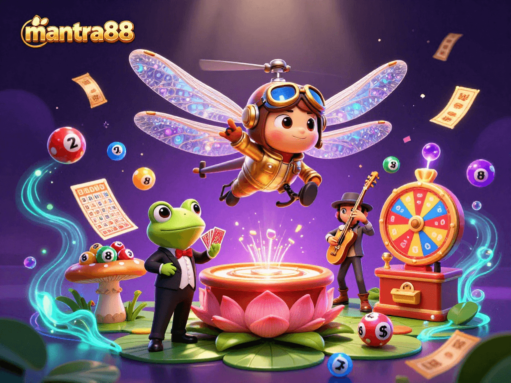 Experience the excitement of mantra88 with a vibrant casino scene featuring a pilot and frog croupier amid colorful game elements.
