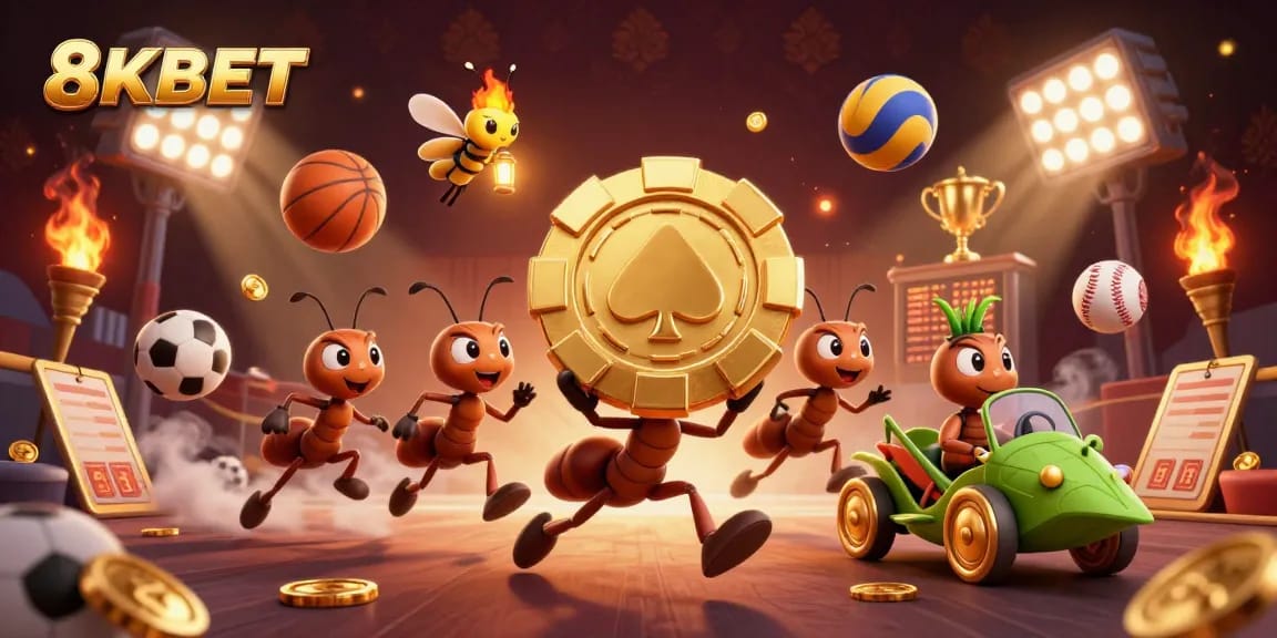 8KBET highlights an exciting heist with ants, golden poker chips, and lively sports betting elements.