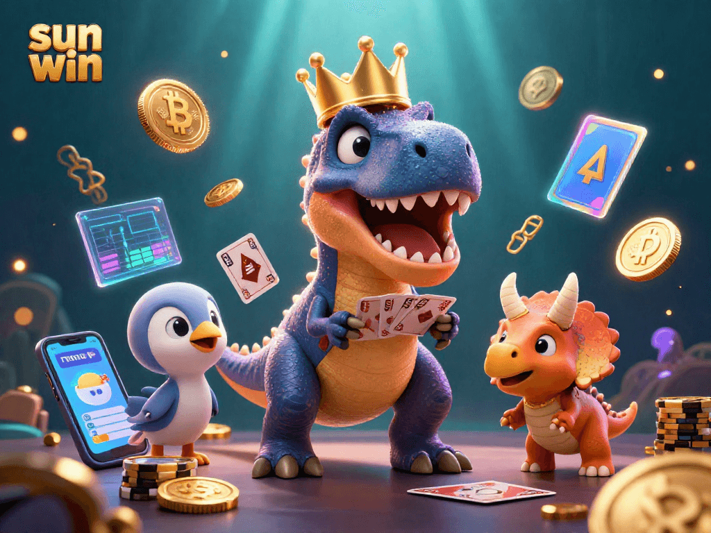 Experience the thrill of sun win with a playful T-Rex and friends in this vibrant casino scene.