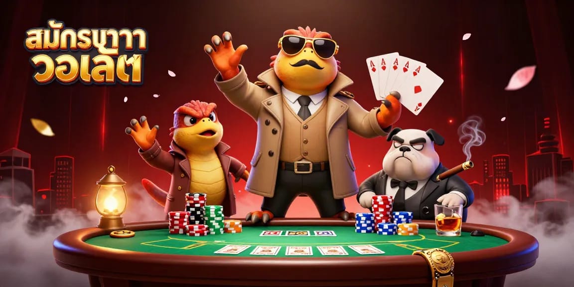 Experience สมัครบาคาร่า วอเลท as three raptors in disguise enter a VIP casino lounge amid dramatic poker action.