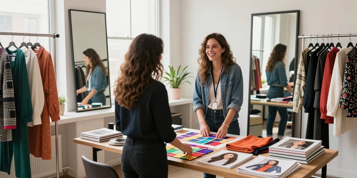 Consulenza d'immagine Milano: consulente e cliente in un vivace studio di moda, circondati da tessuti e abiti.