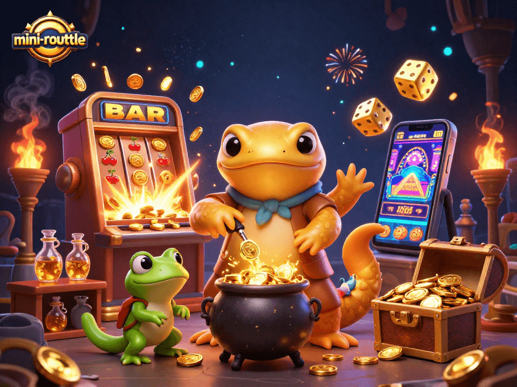 Experience thrilling mini-roulette action with golden alchemy and vibrant casino elements.