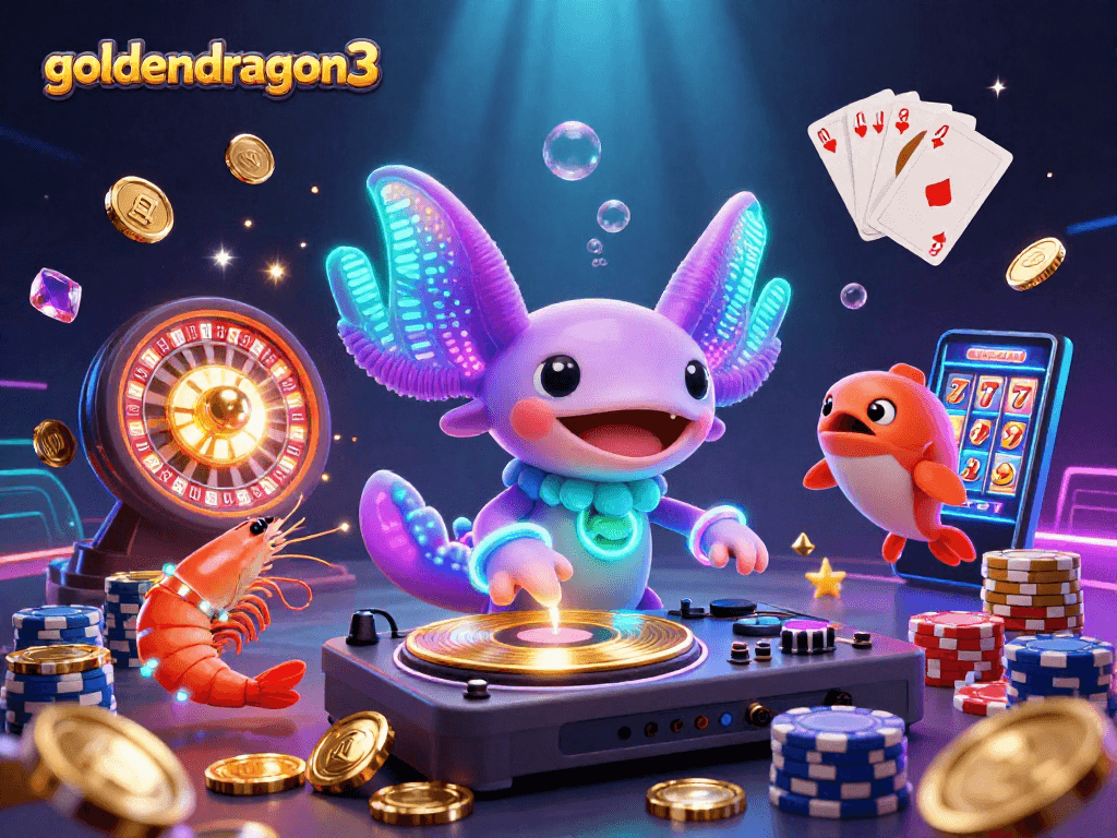 Experience goldendragon3 with vibrant casino-themed action, featuring an axolotl DJ and dynamic gaming elements.