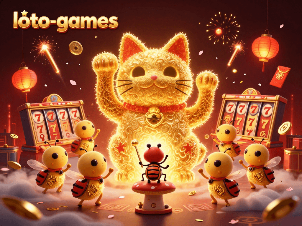 Engage with loto-games featuring a dynamic scene of a giant lucky cat and casino symbols.