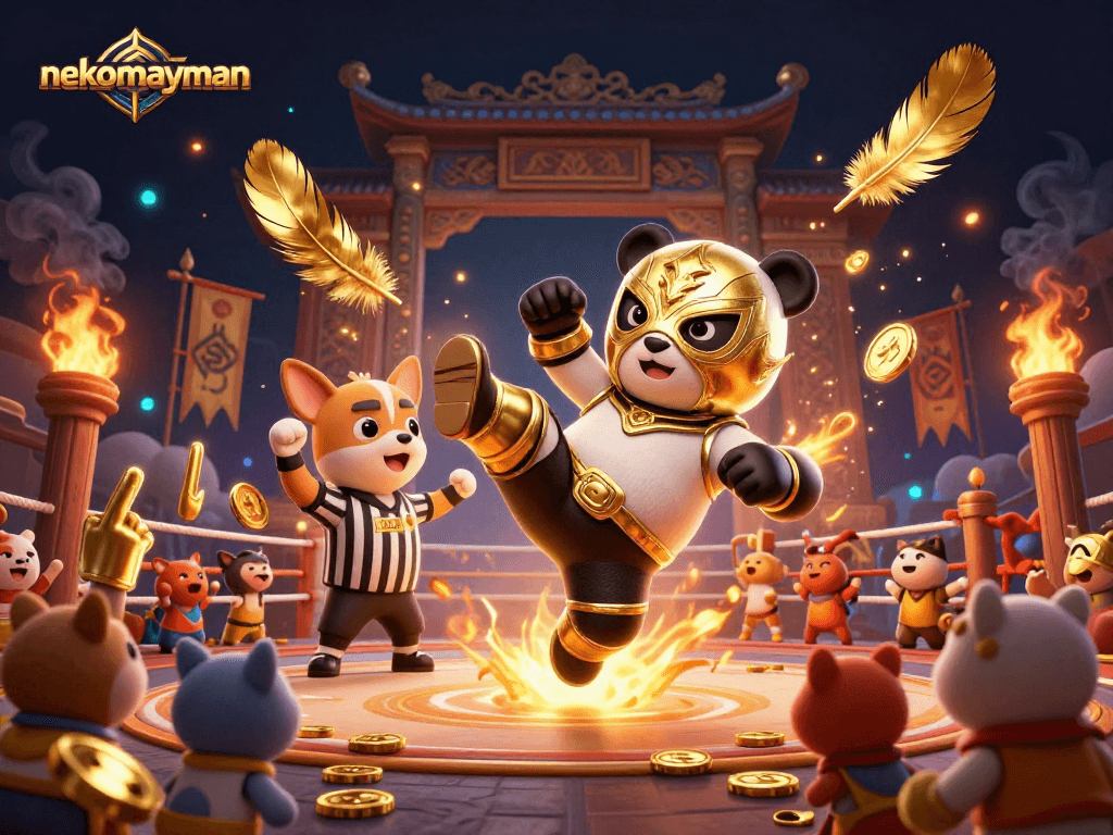Neko May Man gameplay highlights with the panda wrestler and chihuahua referee in an exciting casino scene.