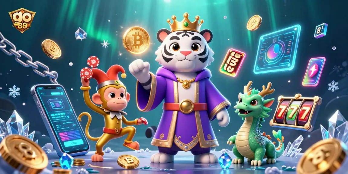 Experience go 88 with an engaging scene of a tiger, monkey, and jade dragon in a vibrant casino setting.