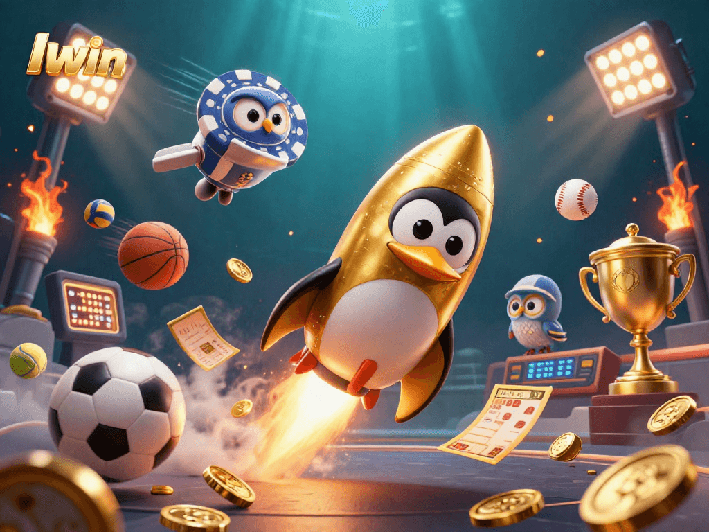 Iwin players betting on a vibrant scene with a golden penguin, poker chip station, and dynamic sports elements.