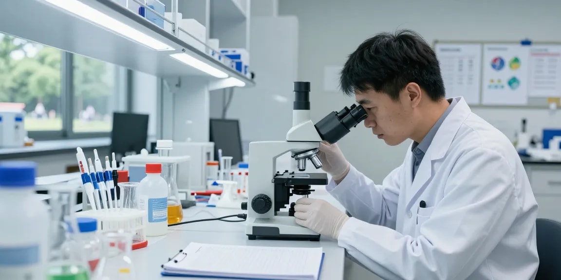 KLOW Peptide Stack research in a lab with scientists analyzing peptide vials and data.