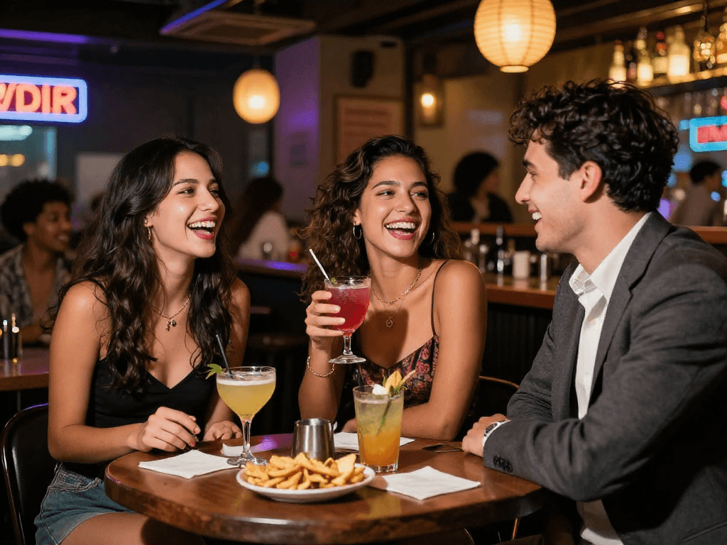 Gái gọi đang vui vẻ trong không gian bar hiện đại cùng bạn bè, thể hiện sự tự tin và cuốn hút.