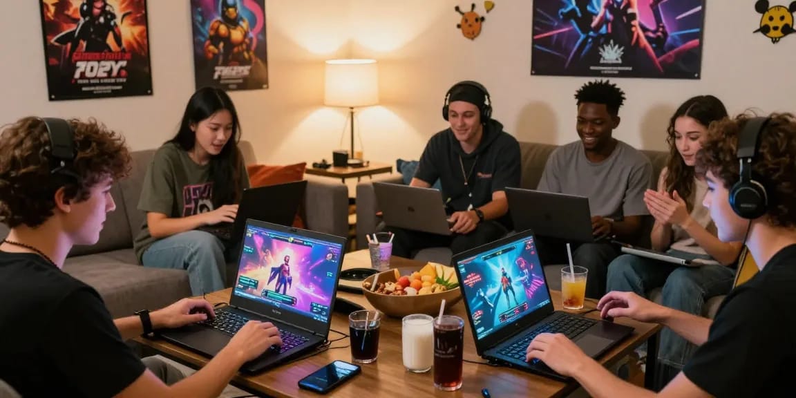 sissy porn game players enjoying a vibrant online gaming session in a cozy living room.