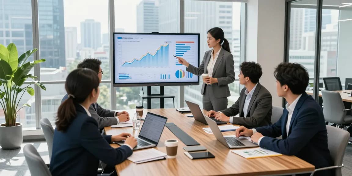 Dynamic team collaboration at https://www.bdtjl.app/ with data analysis and strategic metrics in a modern office.
