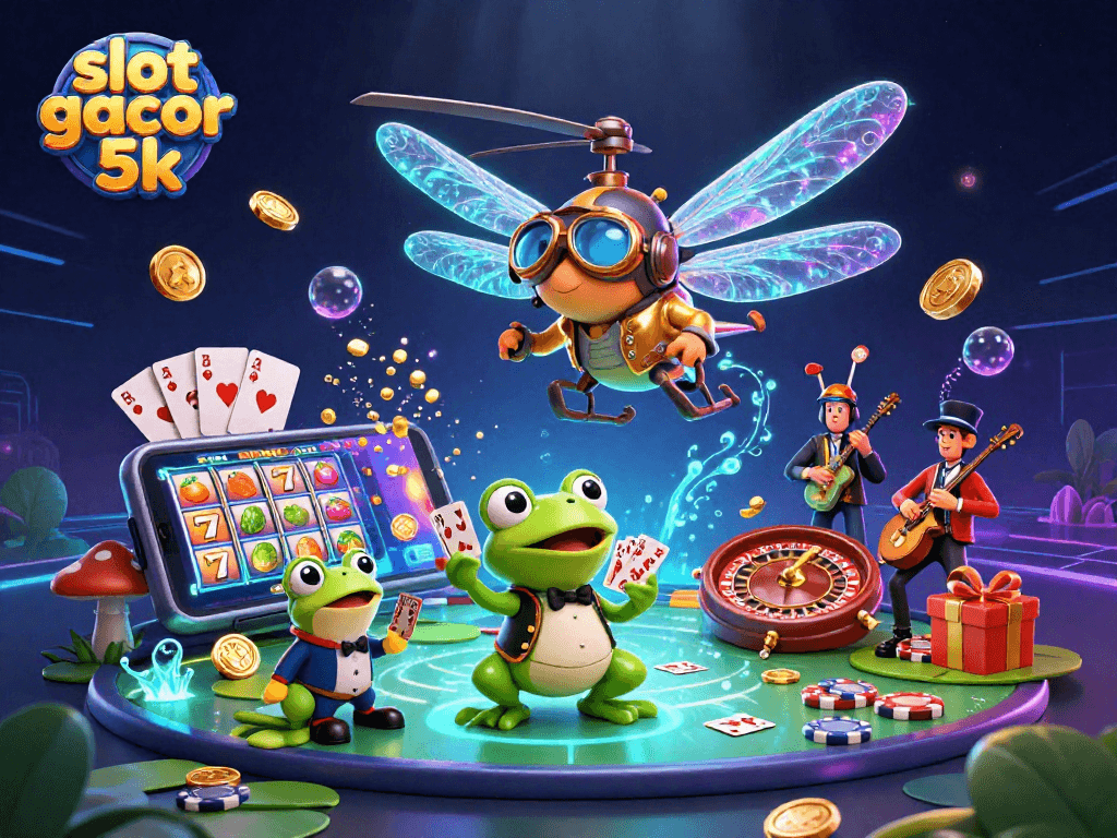 Engage in thrilling gameplay with slot gacor 5k, showcasing vibrant slot reels and lively casino characters.