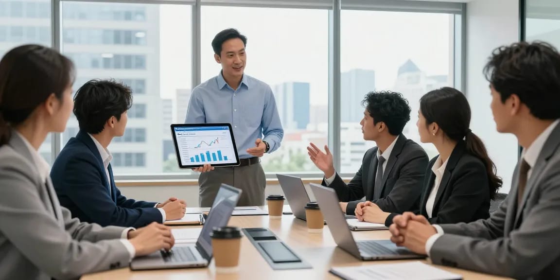 Team discussing sba loan to buy a business in modern office meeting, showcasing collaboration and data-driven decision-making.