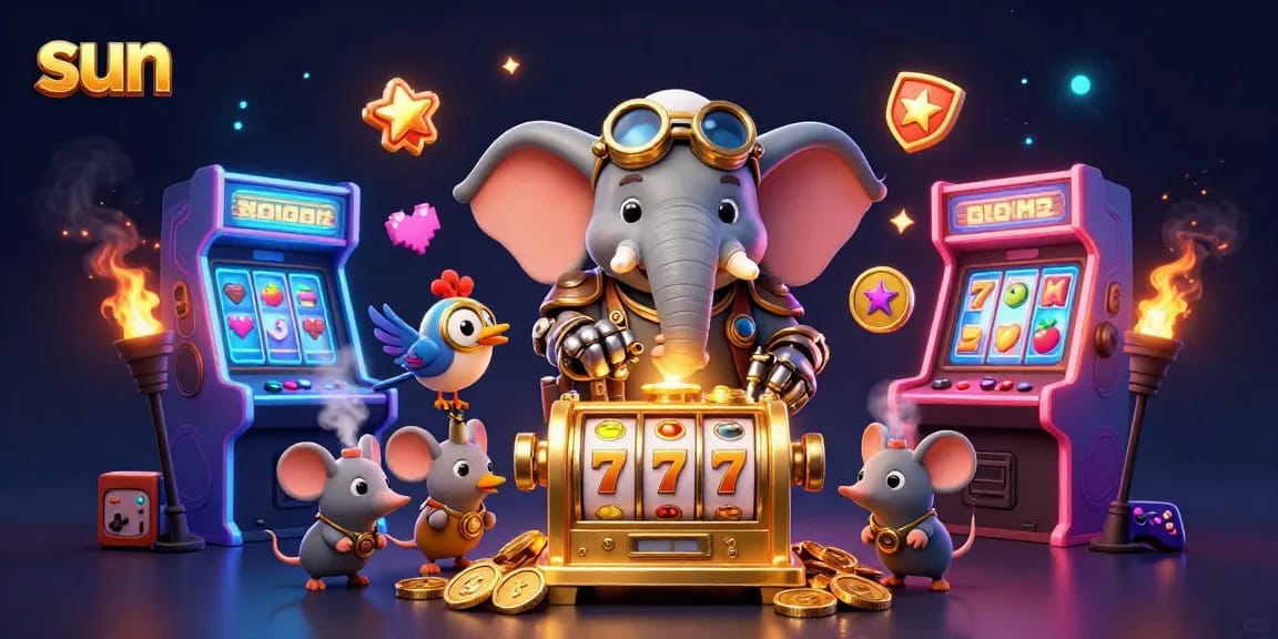 Spin the sun themed slot with a steampunk elephant and vibrant 3D elements in a casino setting.