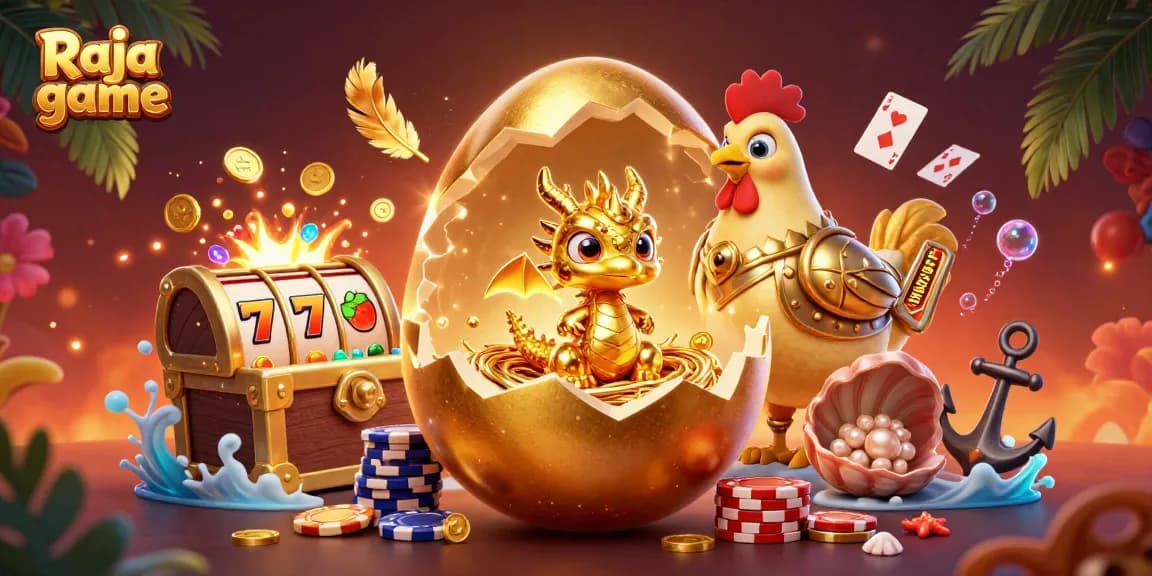 Engage with Raja game slots as a colossal golden egg reveals a golden dragon on poker chips.