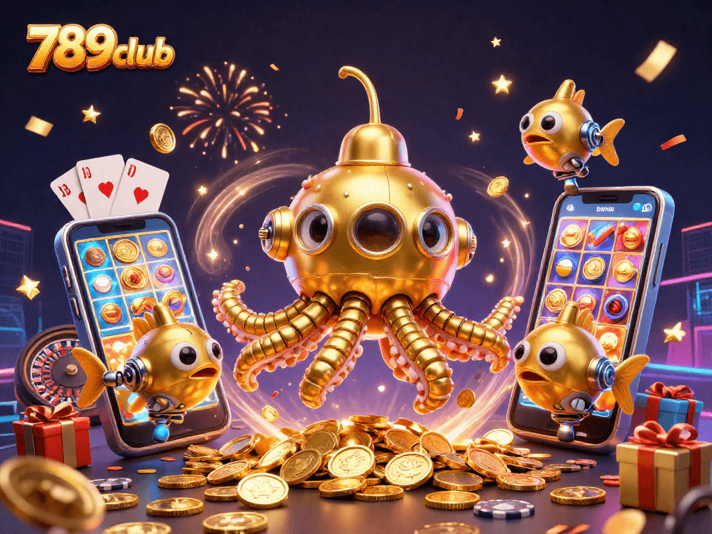 Win on the 789club with a dynamic 3D illustration of exciting casino elements like golden coins and slot games.