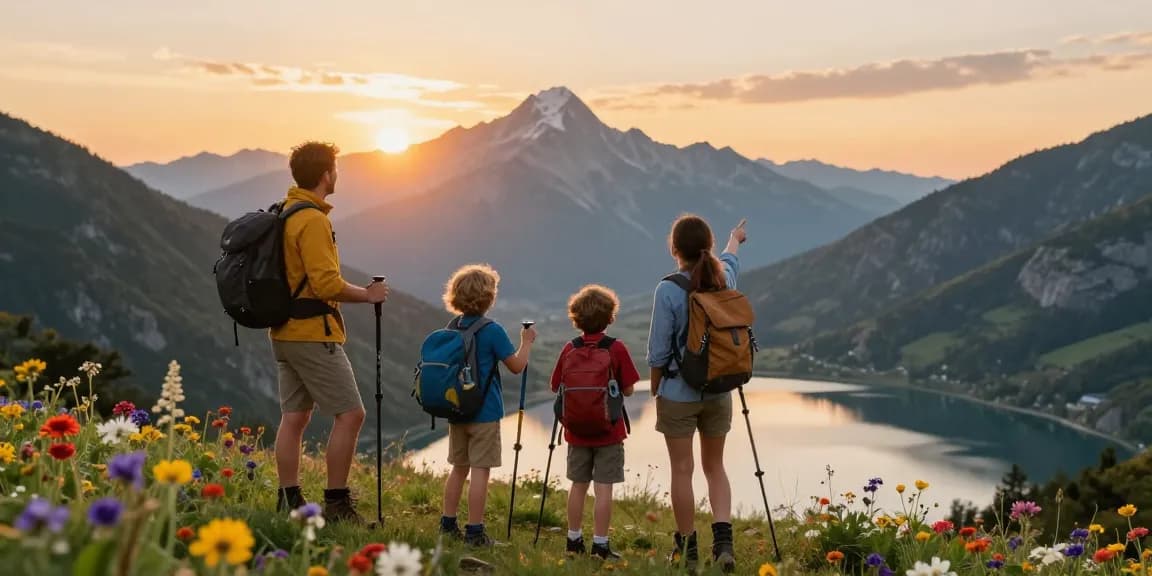 Family adventure at sunset in the mountains with mantra88 exploring nature.