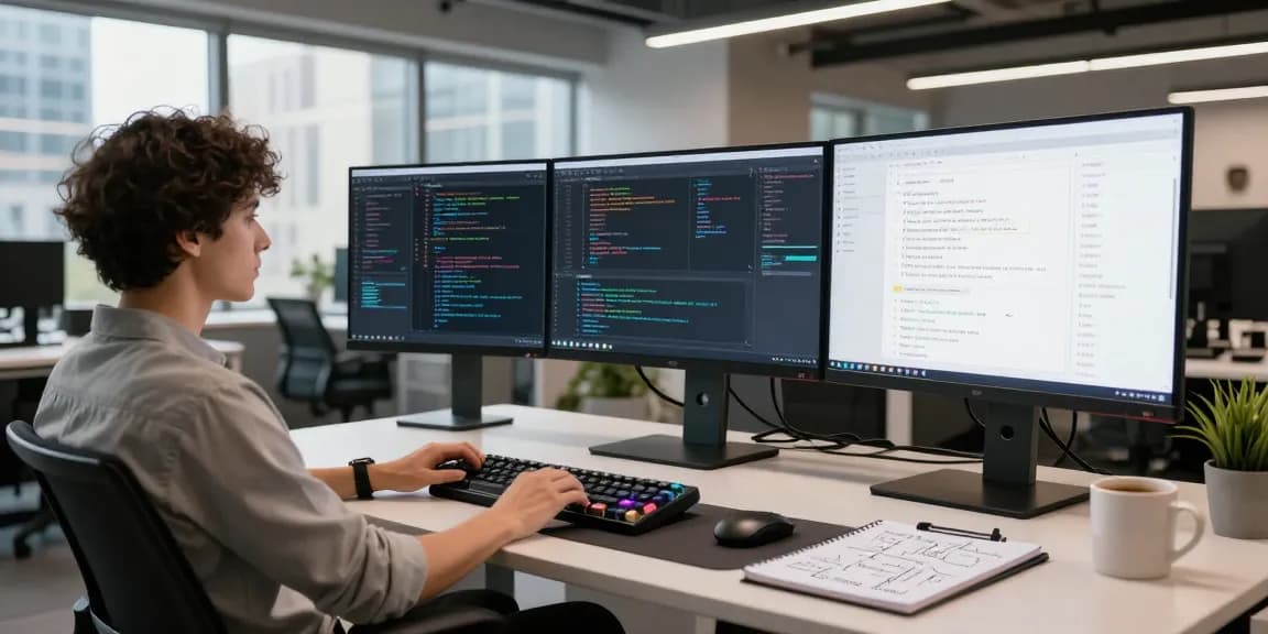 Build internal tools with AI in a modern workspace featuring developers, coding tools, and dynamic workspace.