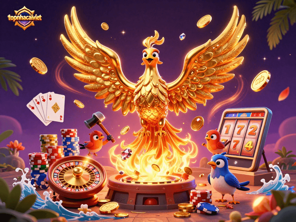 Experience the thrill of gaming with topnhacaiviet as the golden phoenix and helpers forge victory in vibrant 3D.