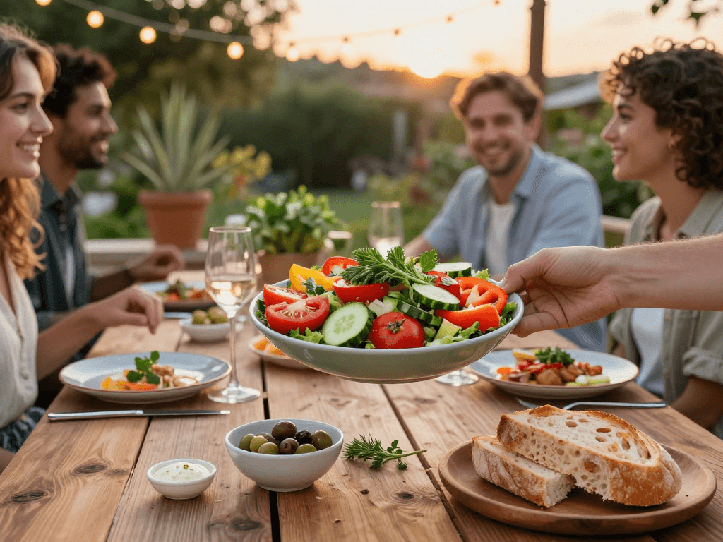 Enjoying the best ensalada mixta near me with fresh ingredients and friends at a rustic outdoor table.