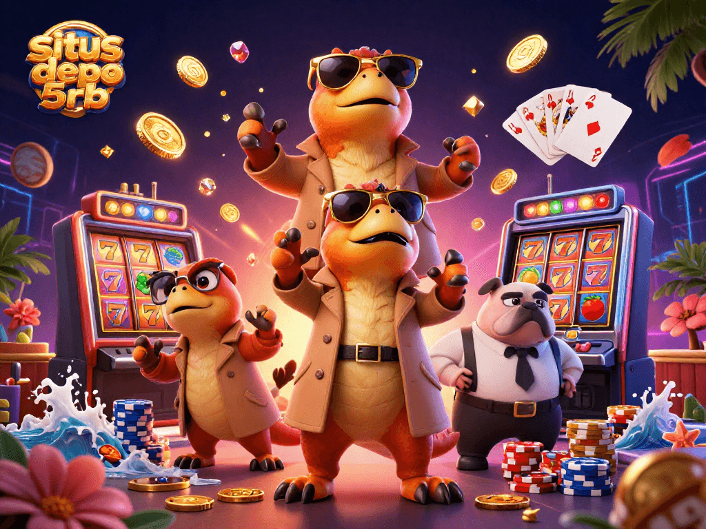 Experience thrilling games at situs depo 5rb with animated raptors entering a VIP casino lounge.