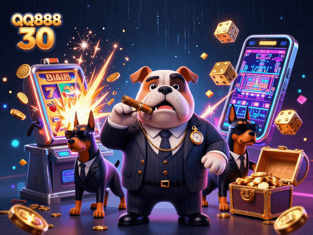 Engage with the thrilling visuals of QQ888 30's interactive gaming features as dog characters celebrate jackpots.