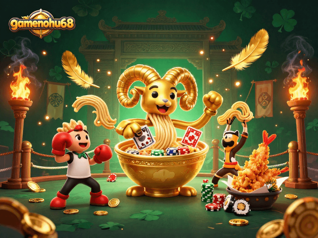Engage with gamenohu68 as the giant ramen bowl deals cards in a vibrant casino scene filled with excitement.