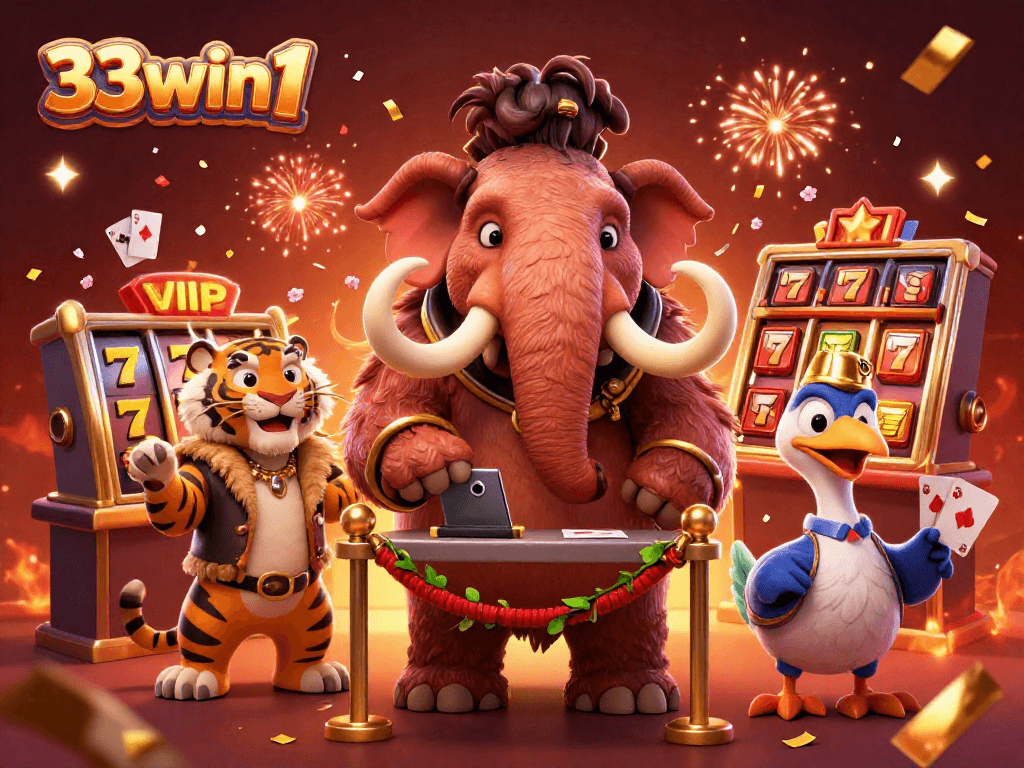 Engage with 33win1's casino scene featuring a mammoth bouncer, VIP tiger, and dodo doorman.